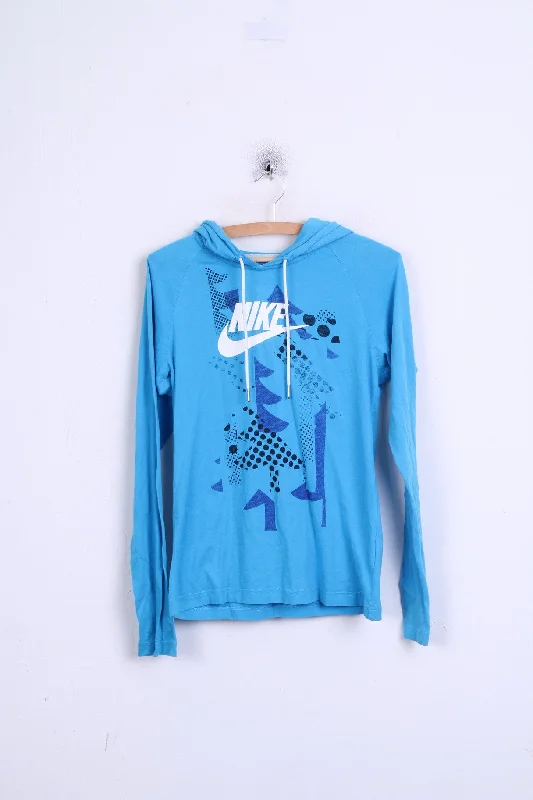 NIKE Womens M 10/12 Jumper Hood Blue Cotton Sportswear