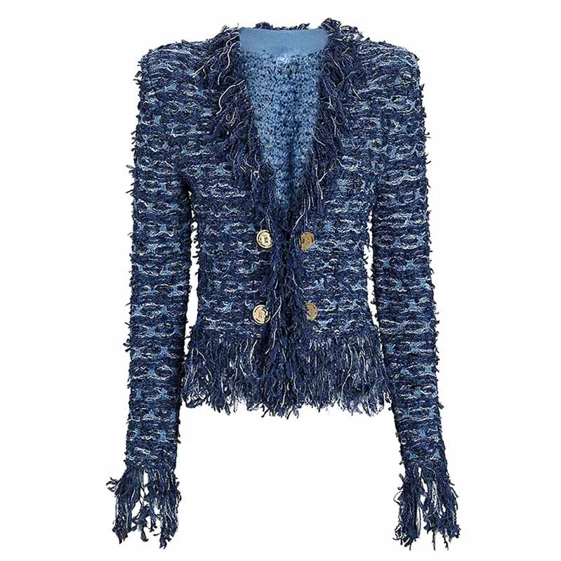 Women Tweed Jacket With Fringe And Gold-tone Double-breasted Cardigan Jacket