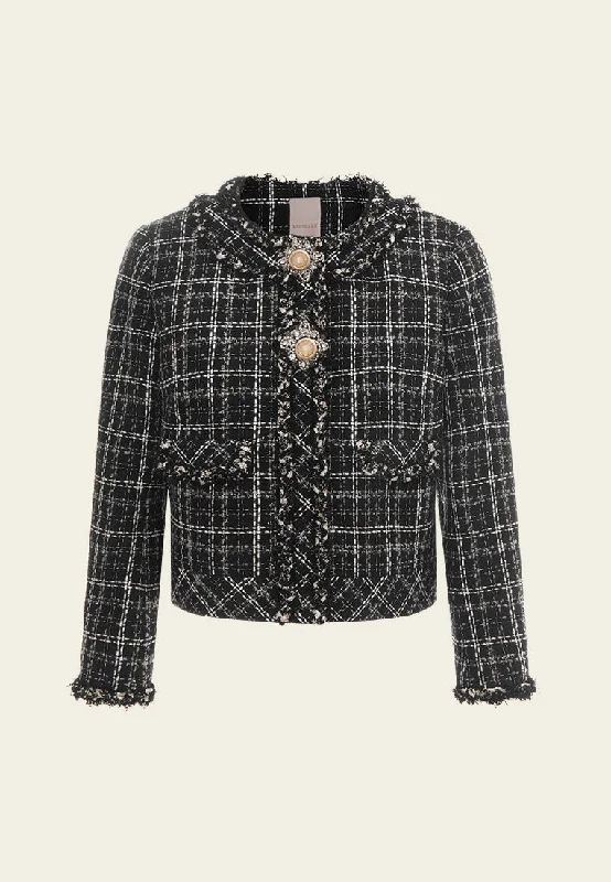 Frayed-trim Embellished-button Checked Top