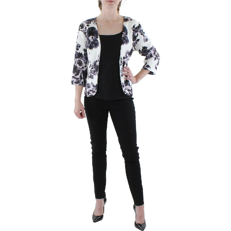 Alex Evenings Womens Petites Knit Floral Collarless Blazer