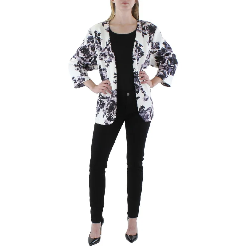 Alex Evenings Womens Plus Knit Floral Collarless Blazer