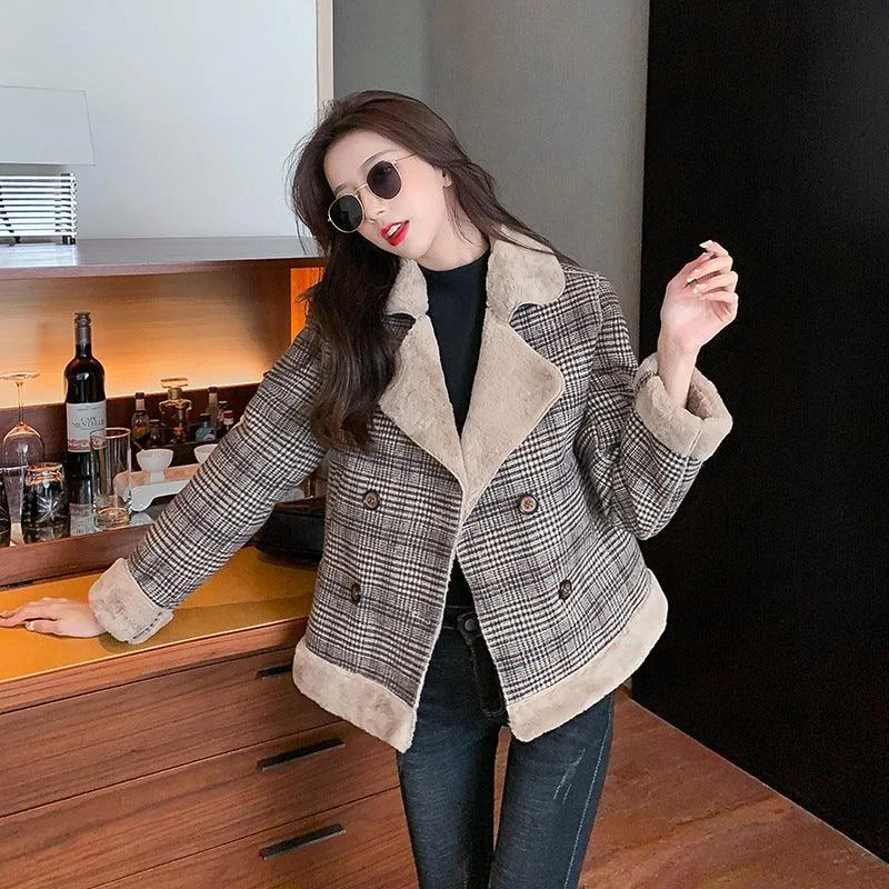 Autumn And Winter Tide All-match Thick Plaid Woolen Fur