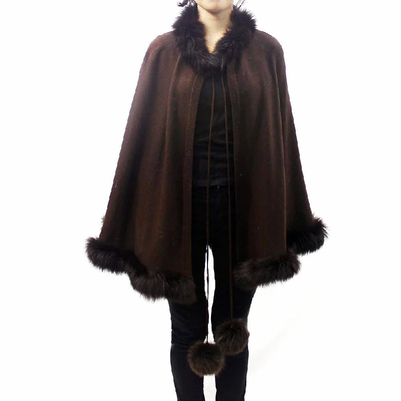 Brown Fox Fur Trim with Fur Poms Cape