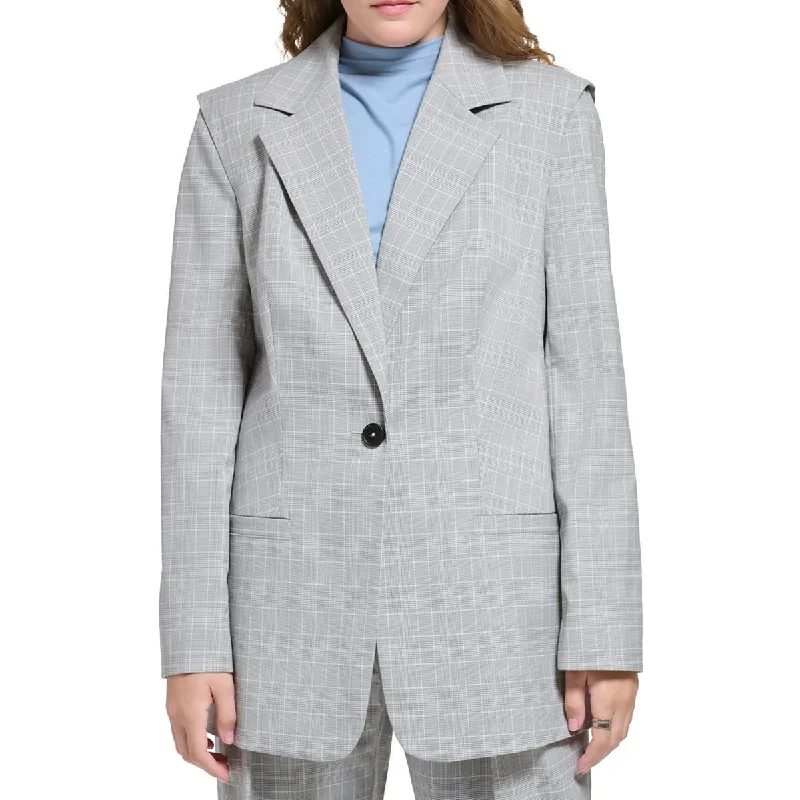 Calvin Klein Womens Woven Plaid One-Button Blazer