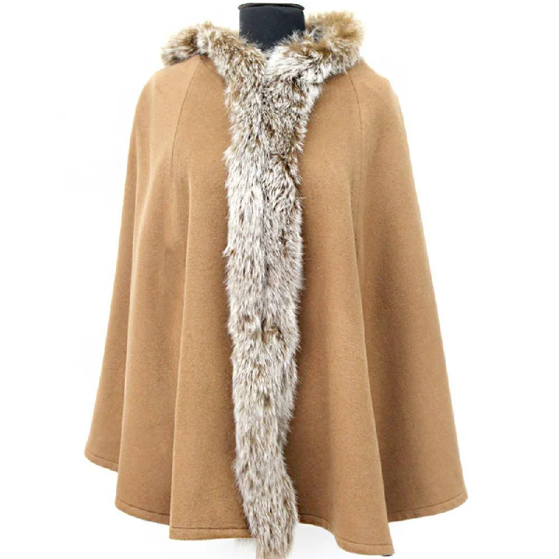 Camel Wool Fox Trim Cape With Hood