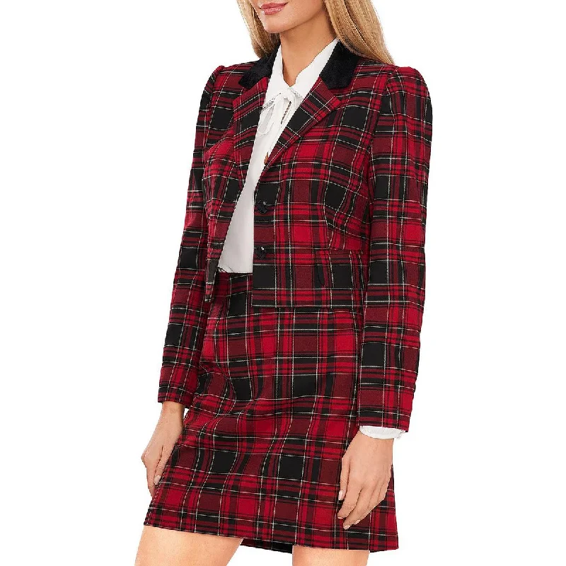 CeCe Womens Velvet Trim Plaid Two-Button Blazer