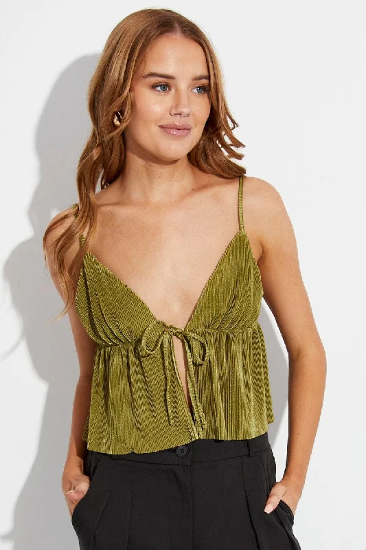 Green Plisse Top Sleeveless Tie Front