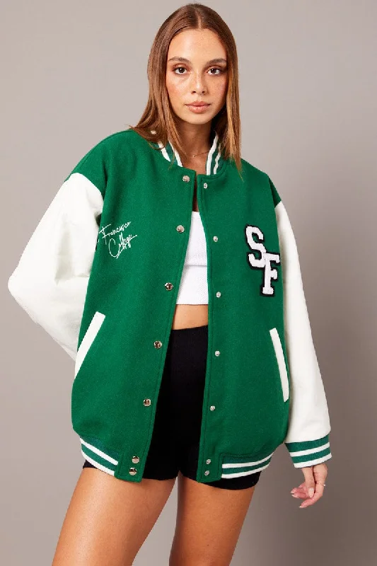 Green Varsity Jacket Long Sleeves Embroidery Details