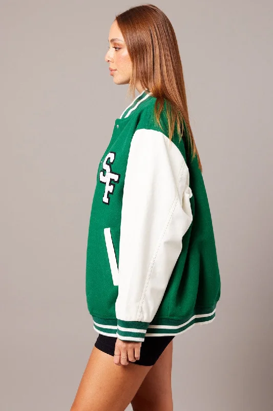 Green Varsity Jacket Long Sleeves Embroidery Details