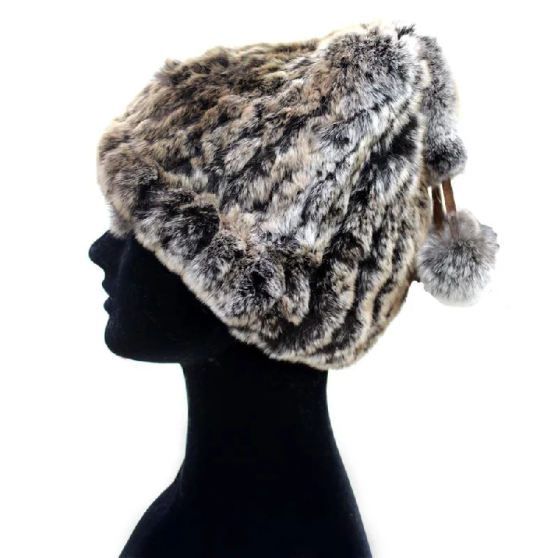 Knitted Rex Rabbit Fur Hat with Pom Poms-Brown