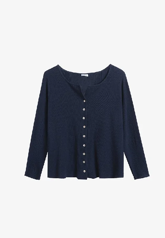 Melanie Versatile Waffle Button Top - Navy Blue