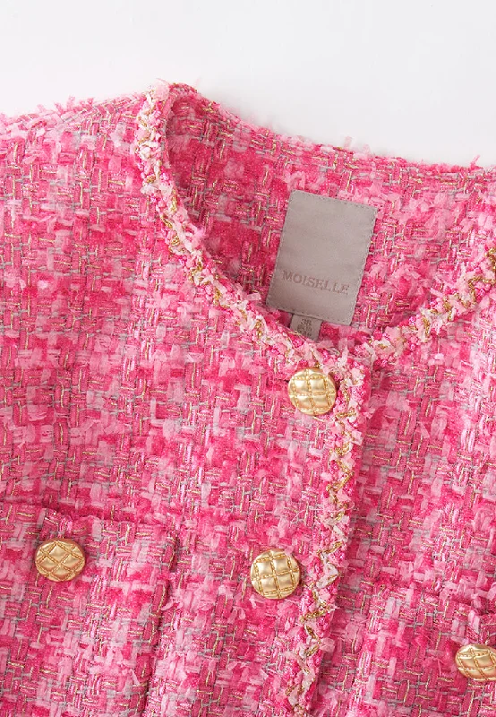 Pink Mixed Tweed Braided-trim Patch-pocket Jacket