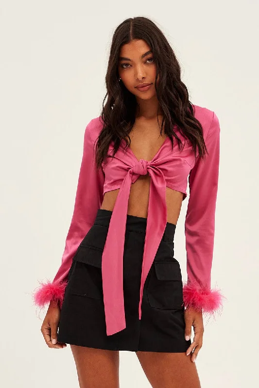 Pink Tie Front Feather Bolero V Neck Satin