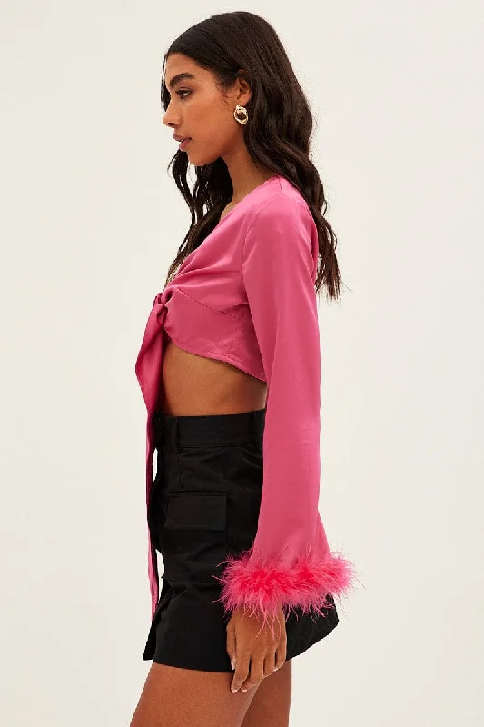 Pink Tie Front Feather Bolero V Neck Satin