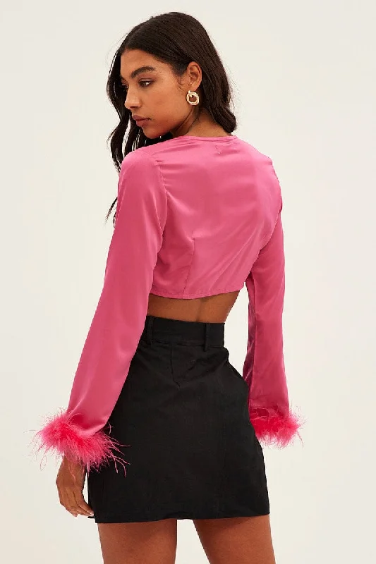 Pink Tie Front Feather Bolero V Neck Satin