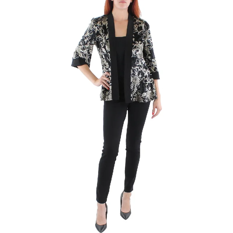 R&M Richards Womens Petites Velvet Metallic Open-Front Blazer