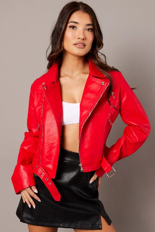 Red Faux Leather Biker Jacket Long Sleeves