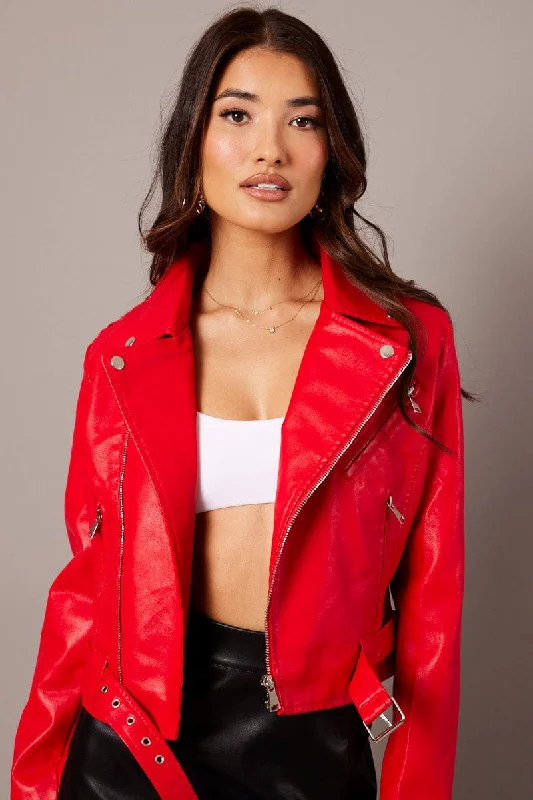 Red Faux Leather Biker Jacket Long Sleeves