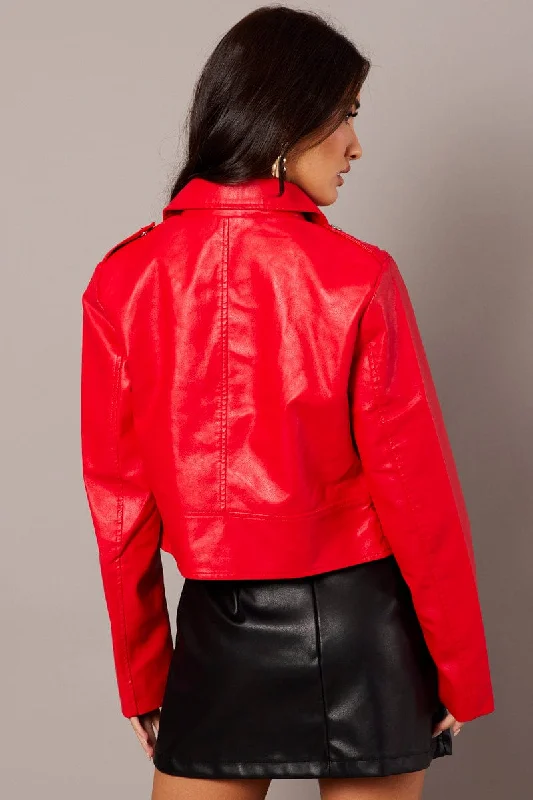 Red Faux Leather Biker Jacket Long Sleeves