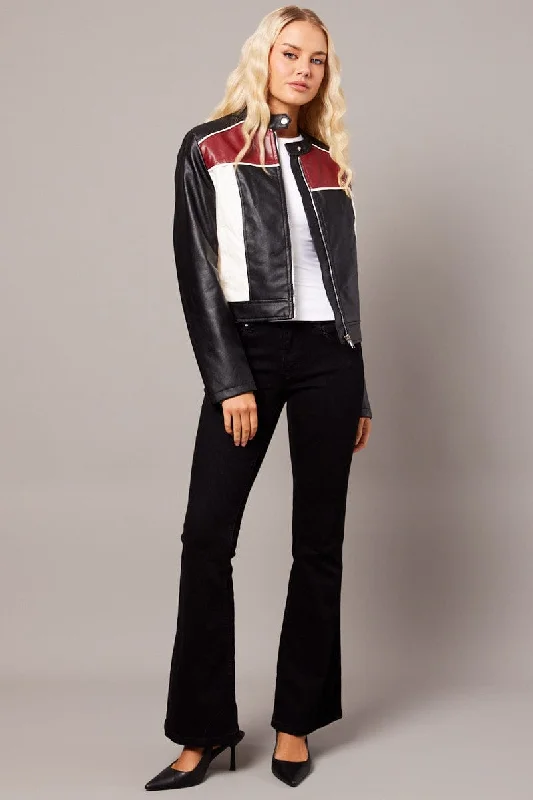 Red Jacket Colour Block Long Sleeve Zip Faux Leather