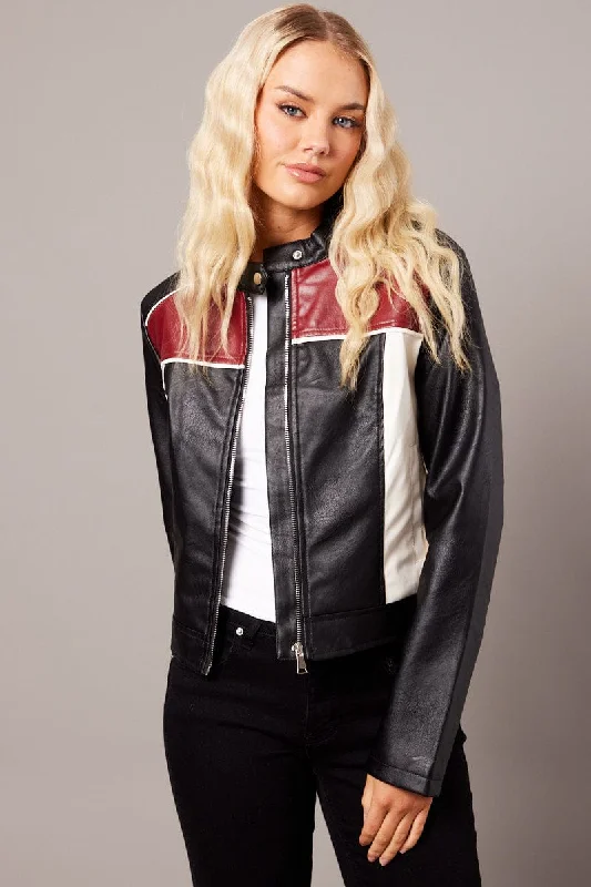 Red Jacket Colour Block Long Sleeve Zip Faux Leather