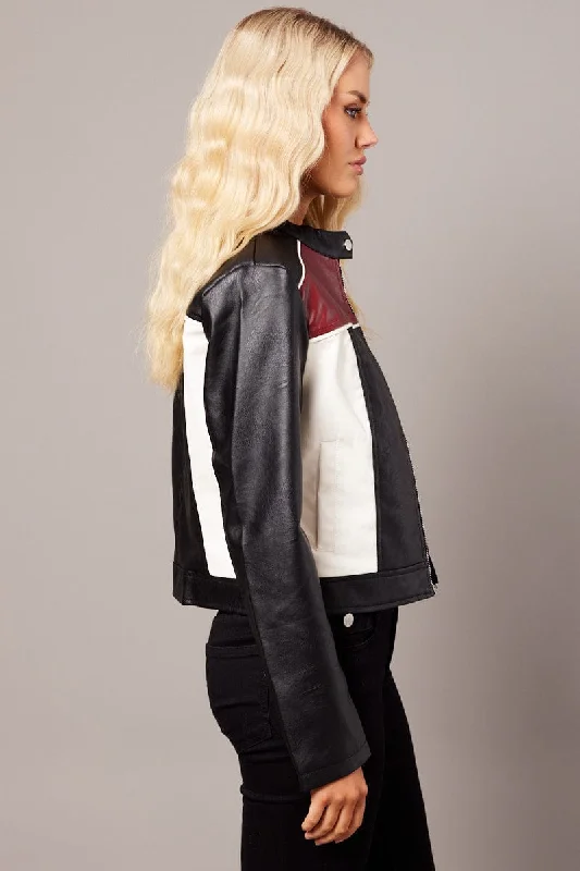 Red Jacket Colour Block Long Sleeve Zip Faux Leather