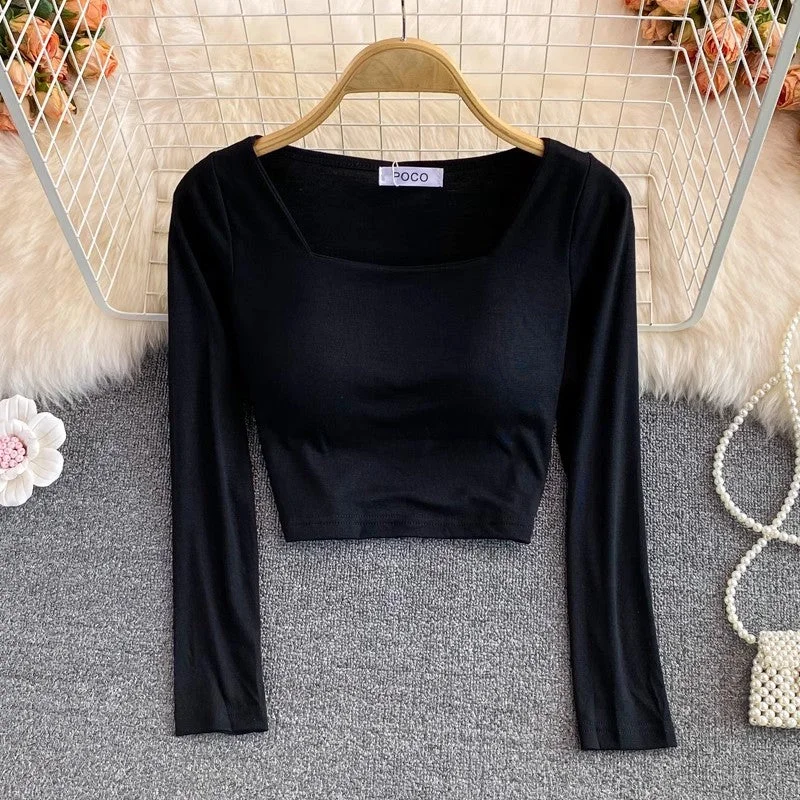 square collar t-shirt with chest pad for women short shirt top long sleeves      S3986