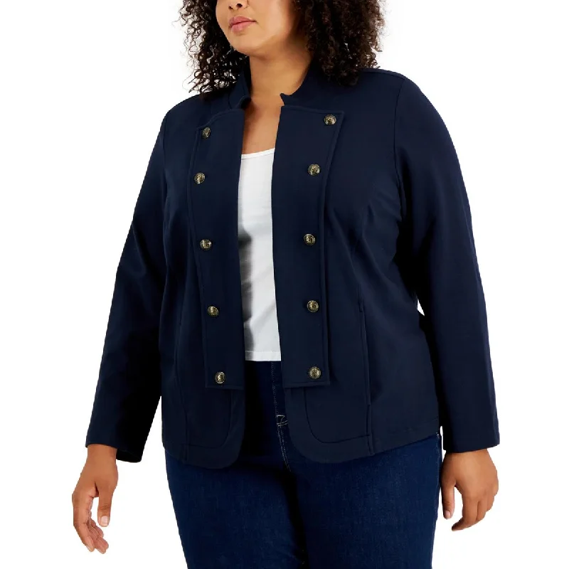 Tommy Hilfiger Womens Plus Military Band Button Detail Open-Front Blazer