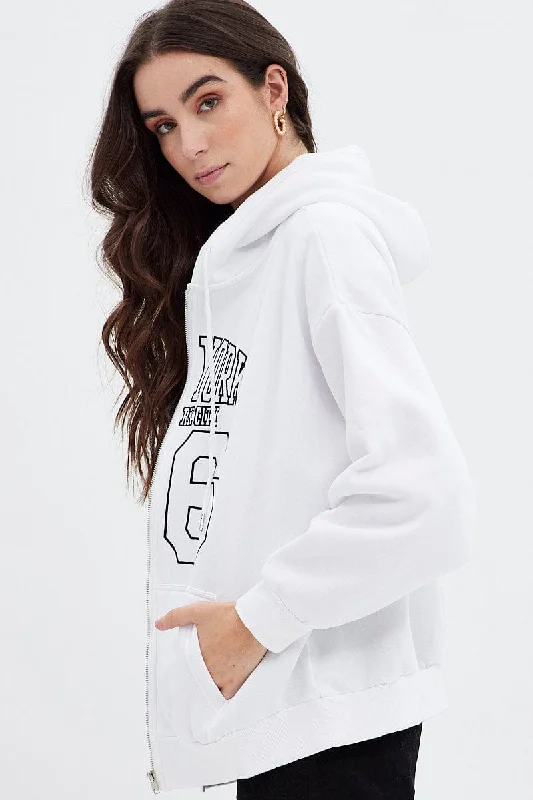 White Hoodie Zip Long Sleeve New York Embroidery