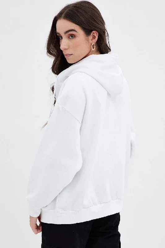 White Hoodie Zip Long Sleeve New York Embroidery