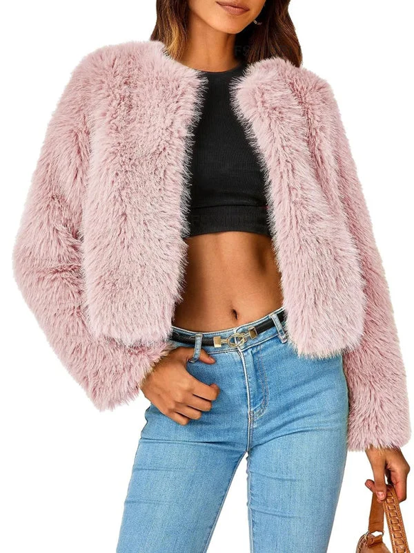 Women's Collarless Open Front Waist Length Fur Coat