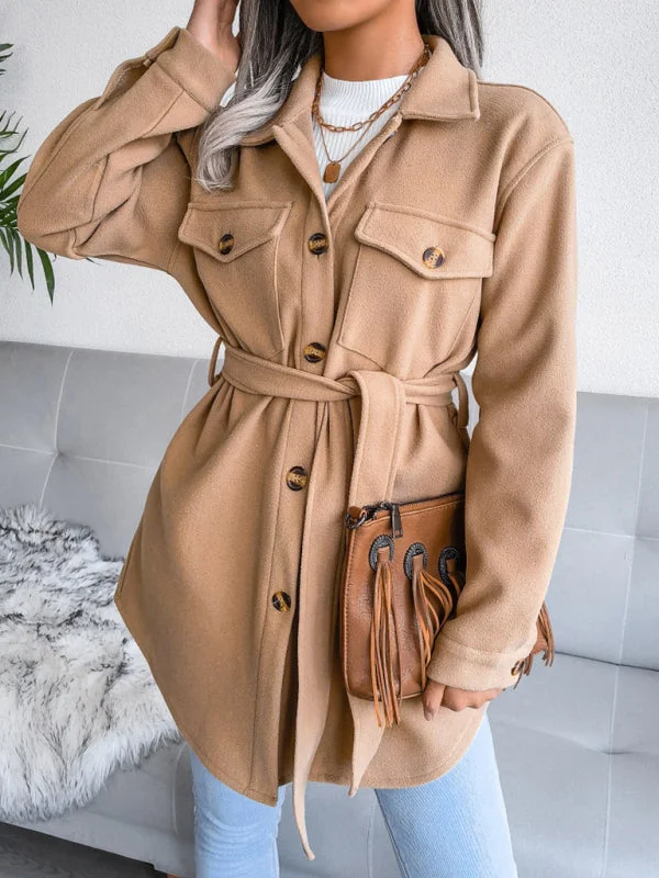 Women's Single Breasted Woolen Button Up Coat With Belt