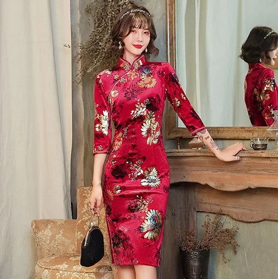 3/4 Sleeve Knee Length Floral Velvet Traditional Cheongsam Chinese Dress