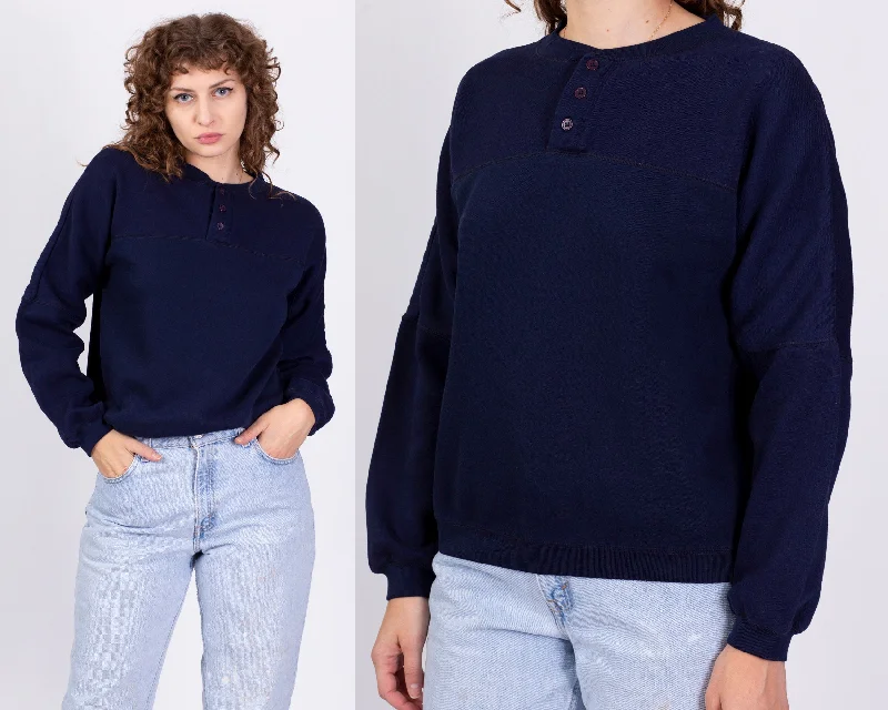 80s Navy Blue Henley Sweatshirt Top - Unisex Medium