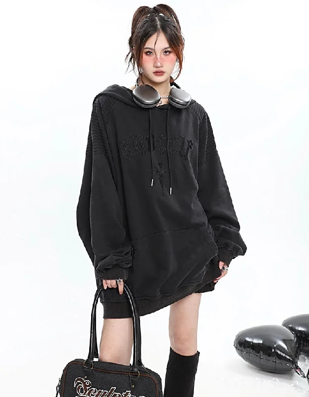 ANOSELF Embroidery Solid Color Long Sleeve Hoodie