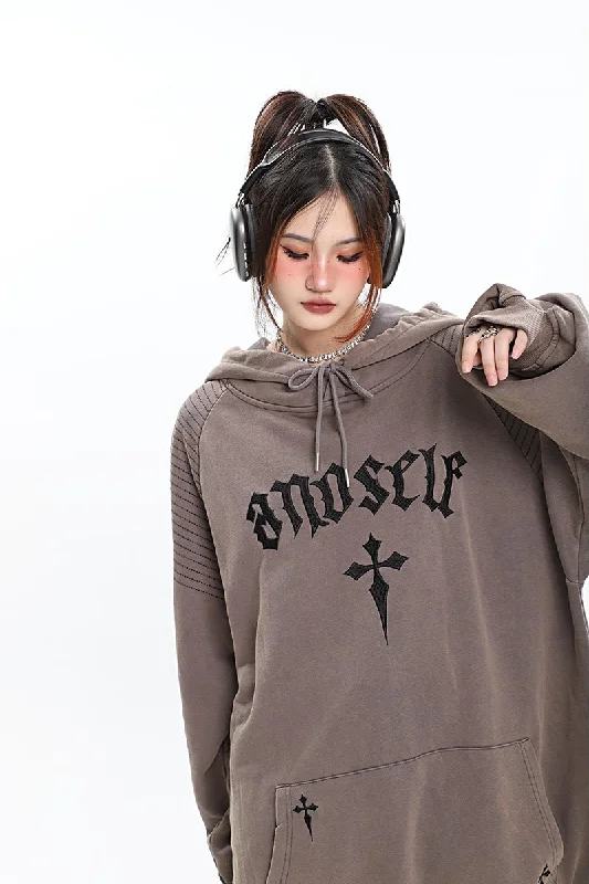 ANOSELF Embroidery Solid Color Long Sleeve Hoodie