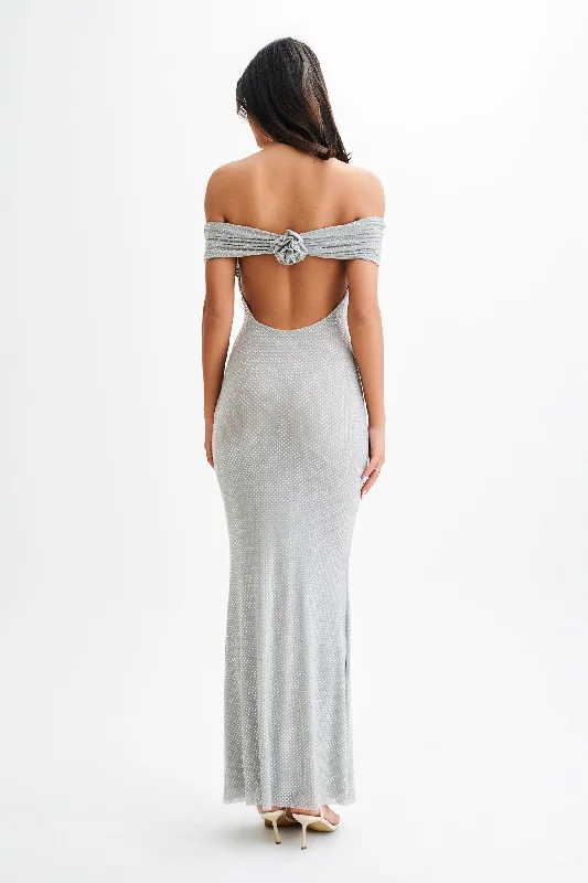 Arna Off Shoulder Diamante Maxi Dress - Silver