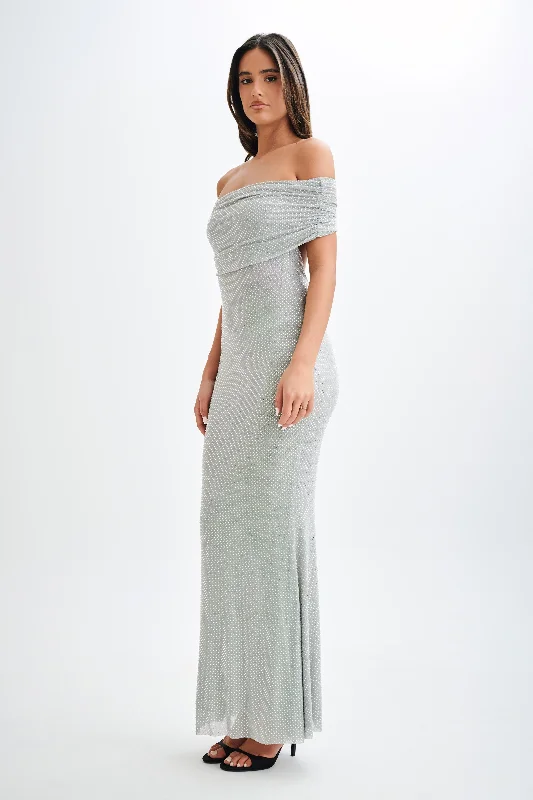 Arna Off Shoulder Diamante Maxi Dress - Silver