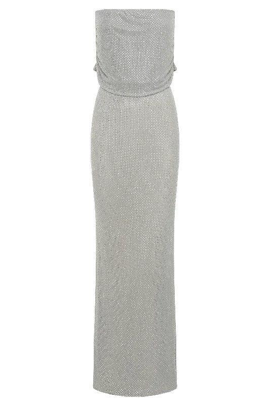 Arna Off Shoulder Diamante Maxi Dress - Silver