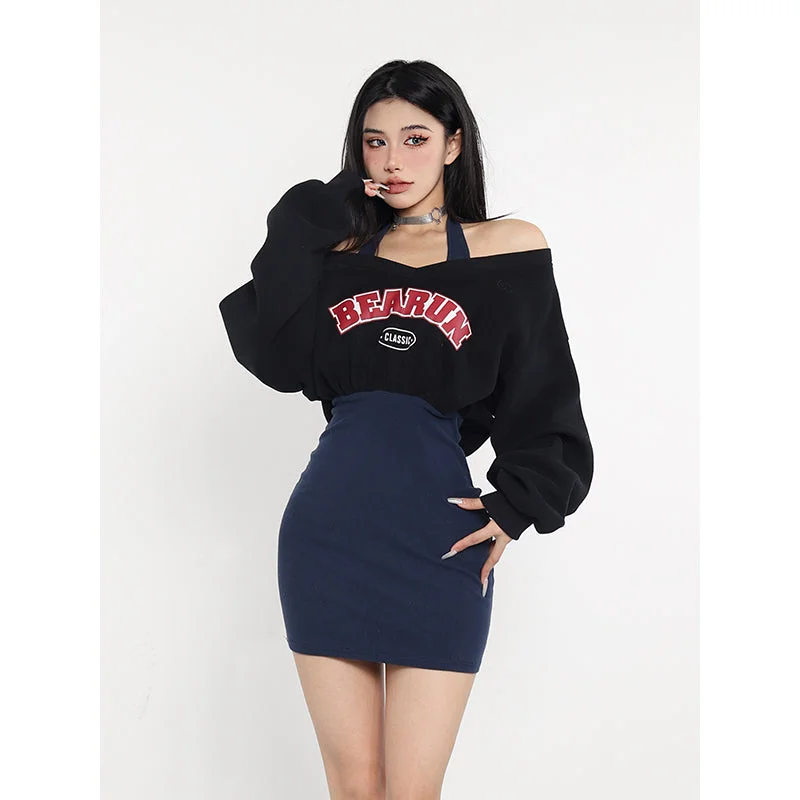 BEARUN Letter Embroidery Black V-Neck Long Sleeve Cropped Sweatshirt Dark Blue Halter Slim Mini Dress Set