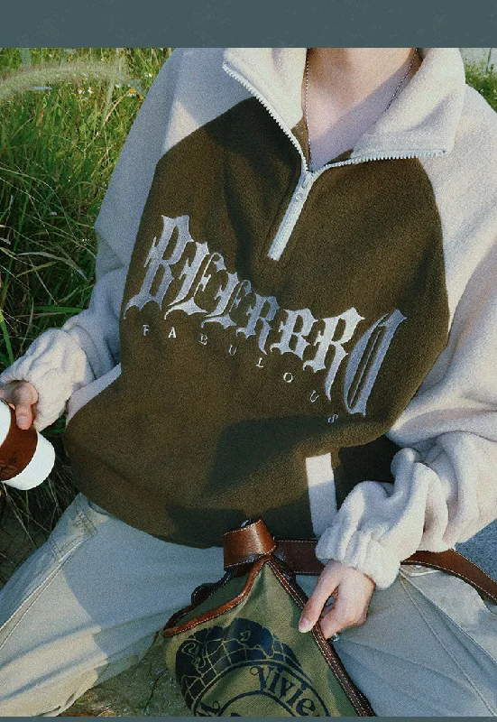 BEERBRO Letter Embroidery Zip Up Long Sleeve Sweatshirt