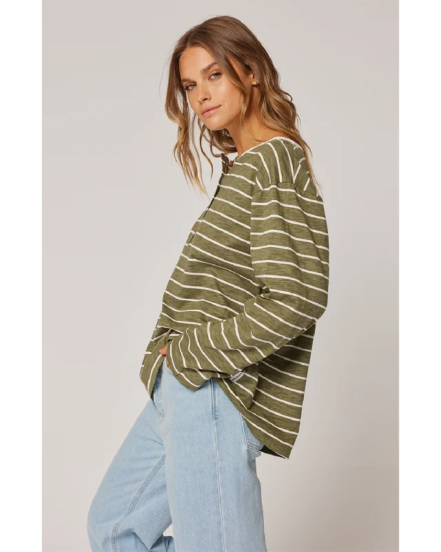 Cartel & Willow Henley Long Sleeve - Khaki Stripe