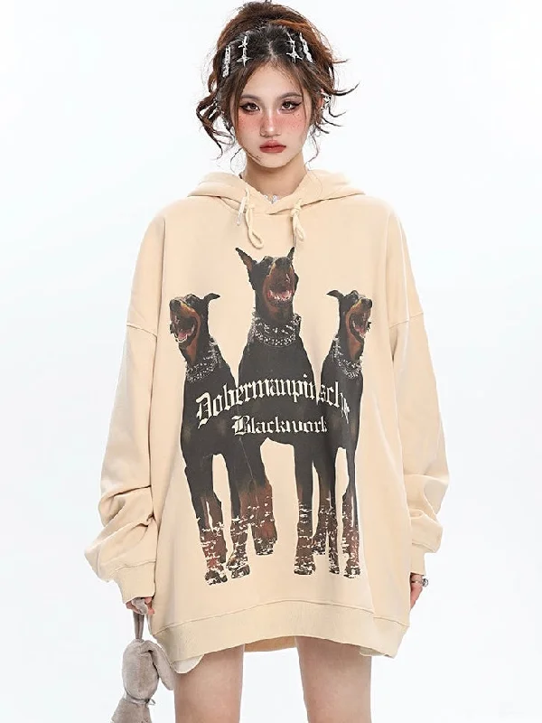 Doberman Graphic Letter Print Solid Color Long Sleeve Hoodie