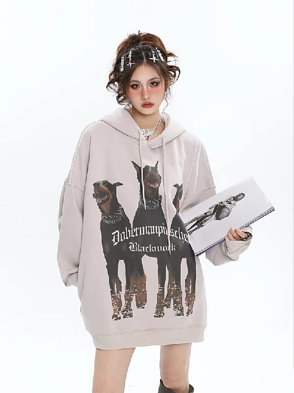 Doberman Graphic Letter Print Solid Color Long Sleeve Hoodie