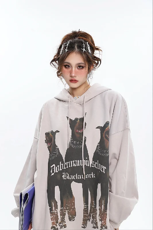 Doberman Graphic Letter Print Solid Color Long Sleeve Hoodie