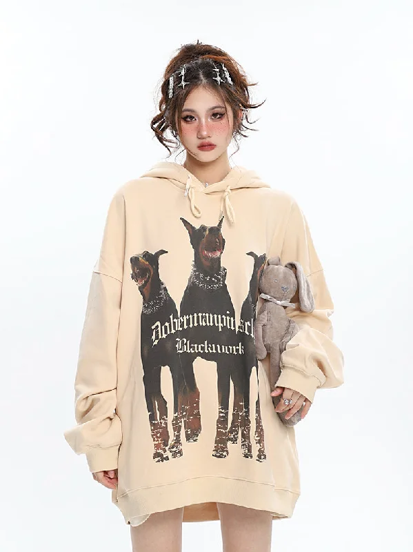 Doberman Graphic Letter Print Solid Color Long Sleeve Hoodie