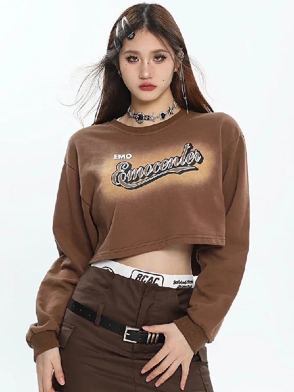 EMO Emocenter Graphic Letter Print Solid Color Long Sleeve Cropped Sweatshirt