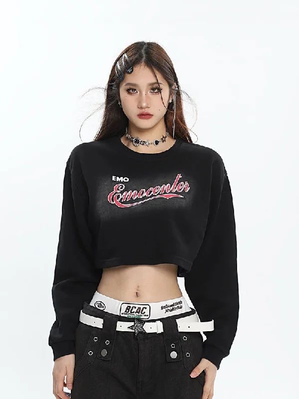 EMO Emocenter Graphic Letter Print Solid Color Long Sleeve Cropped Sweatshirt