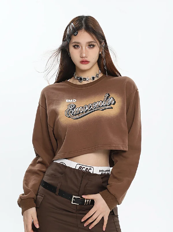 EMO Emocenter Graphic Letter Print Solid Color Long Sleeve Cropped Sweatshirt