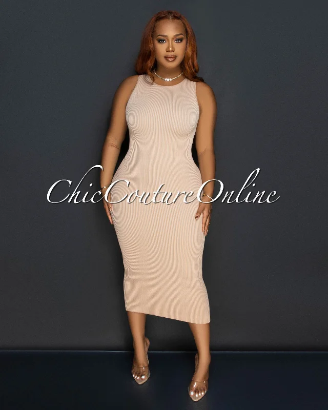 Fiora Nude Sleeveless Ribbed Midi Dress